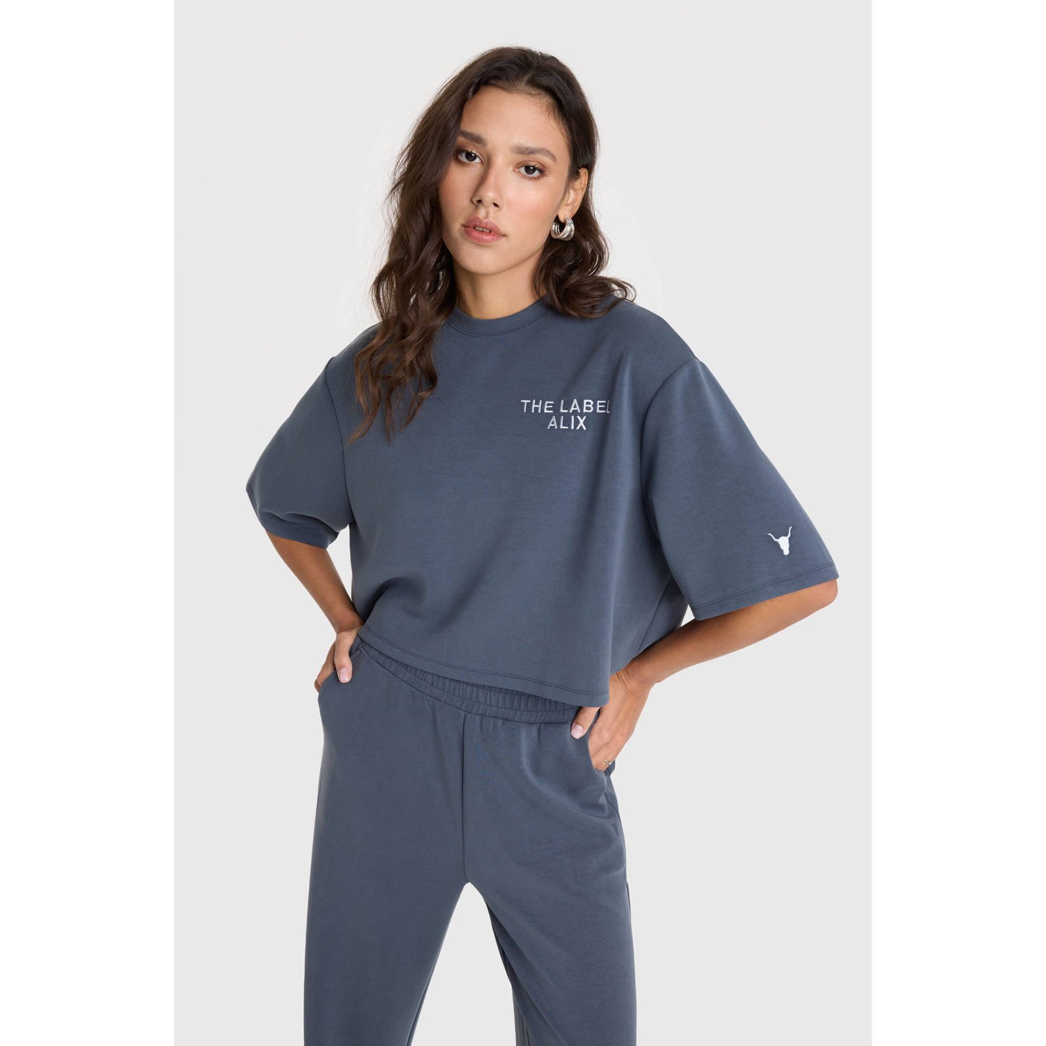 ALIX THE LABEL Dames Tops & T-shirts Ladies Knitted Flowy Cropped Tshirt Grijs