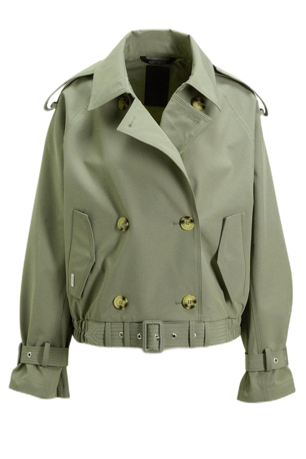 Kakikleurige dames Airforce trenchcoat van polyester met effen, lange mouwen, reverskraag en rits- en knoopsluiting