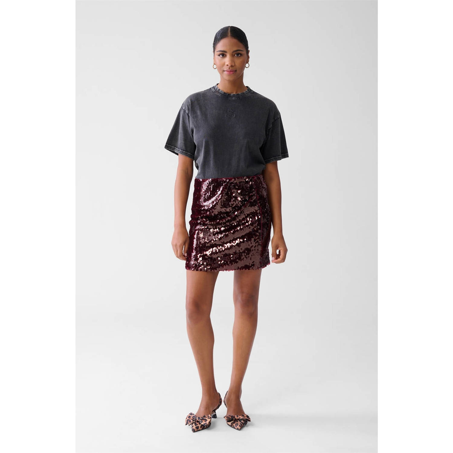 Shoeby korte rok met pailletten donkerrood