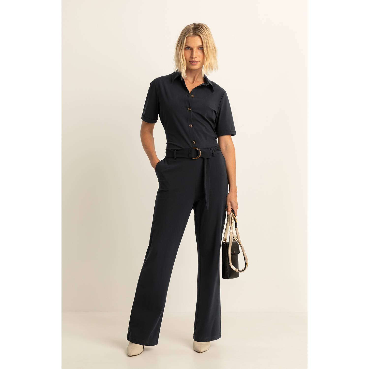 Expresso travelstof bootcut jumpsuit zwart