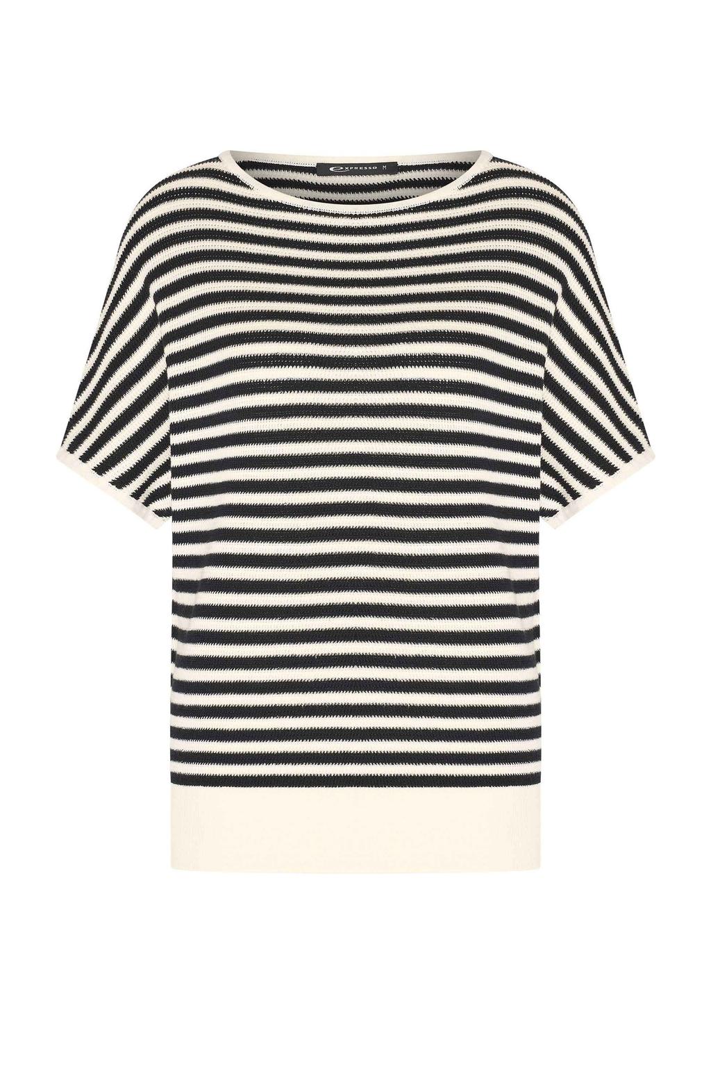 Donkerblauw en ecru dames Expresso gebreide trui van katoen met strepenprint, korte mouwen en ronde hals