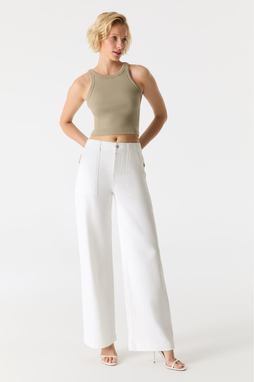 Witte dames Cup of Joe Denim high waist wide leg jeans met rits- en knoopsluiting en effen