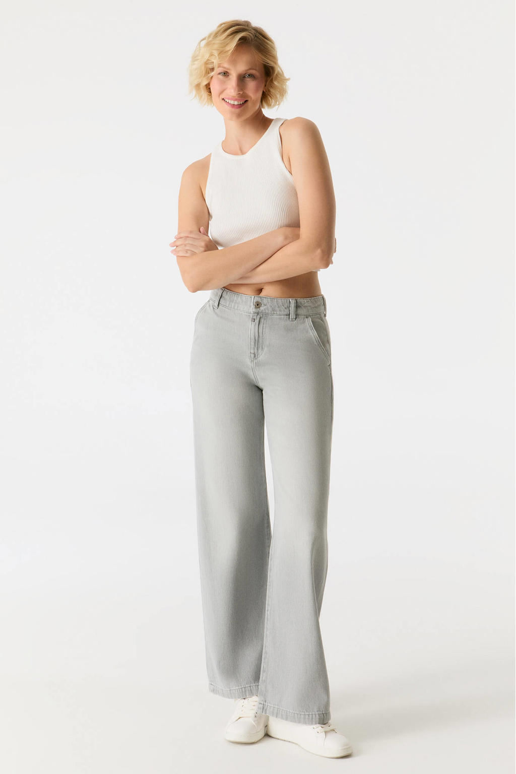 Grey denim dames Cup of Joe Denim Maxine wide leg jeans met rits- en knoopsluiting en effen