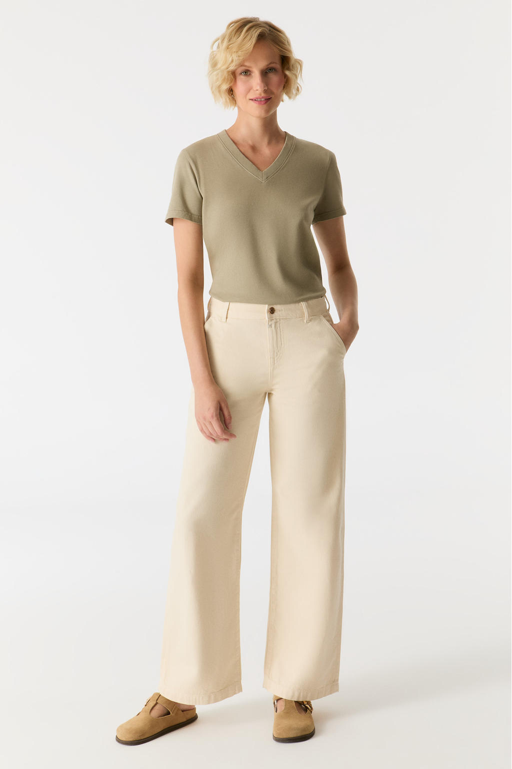Zandkleurige dames Cup of Joe Denim wide leg jeans met rits- en knoopsluiting en effen
