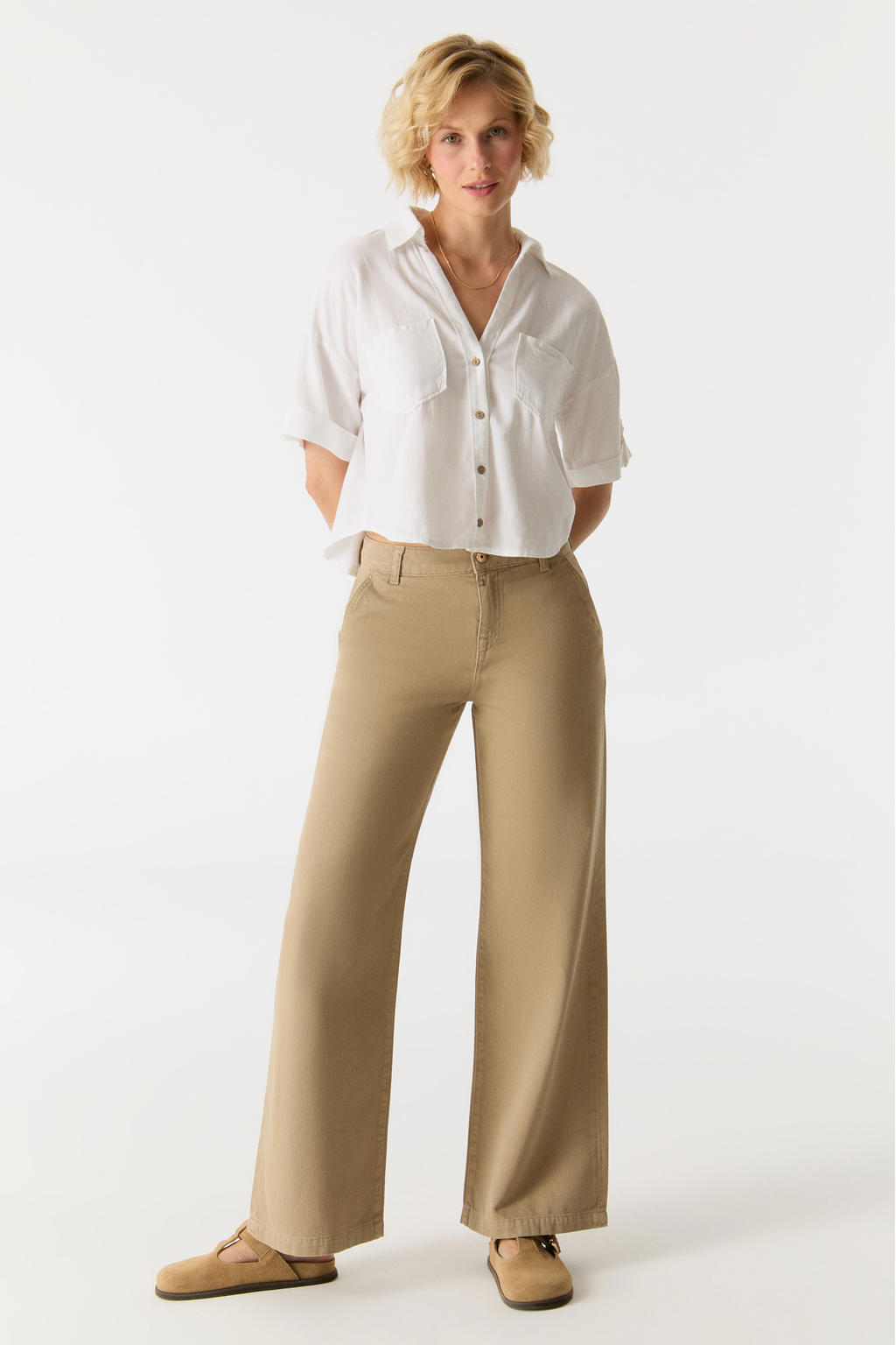 Beige dames Cup of Joe Denim Maxine wide leg jeans met rits- en knoopsluiting en effen