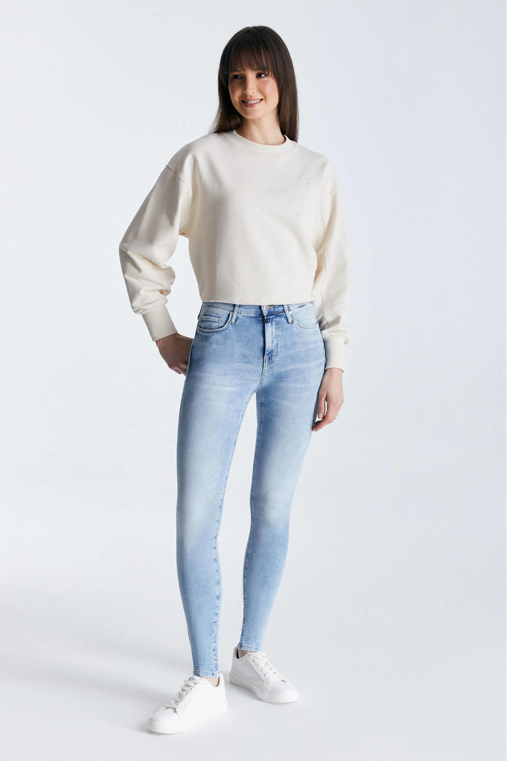 Light blue denim dames Cup of Joe Denim high waist skinny jeans met rits- en knoopsluiting en effen