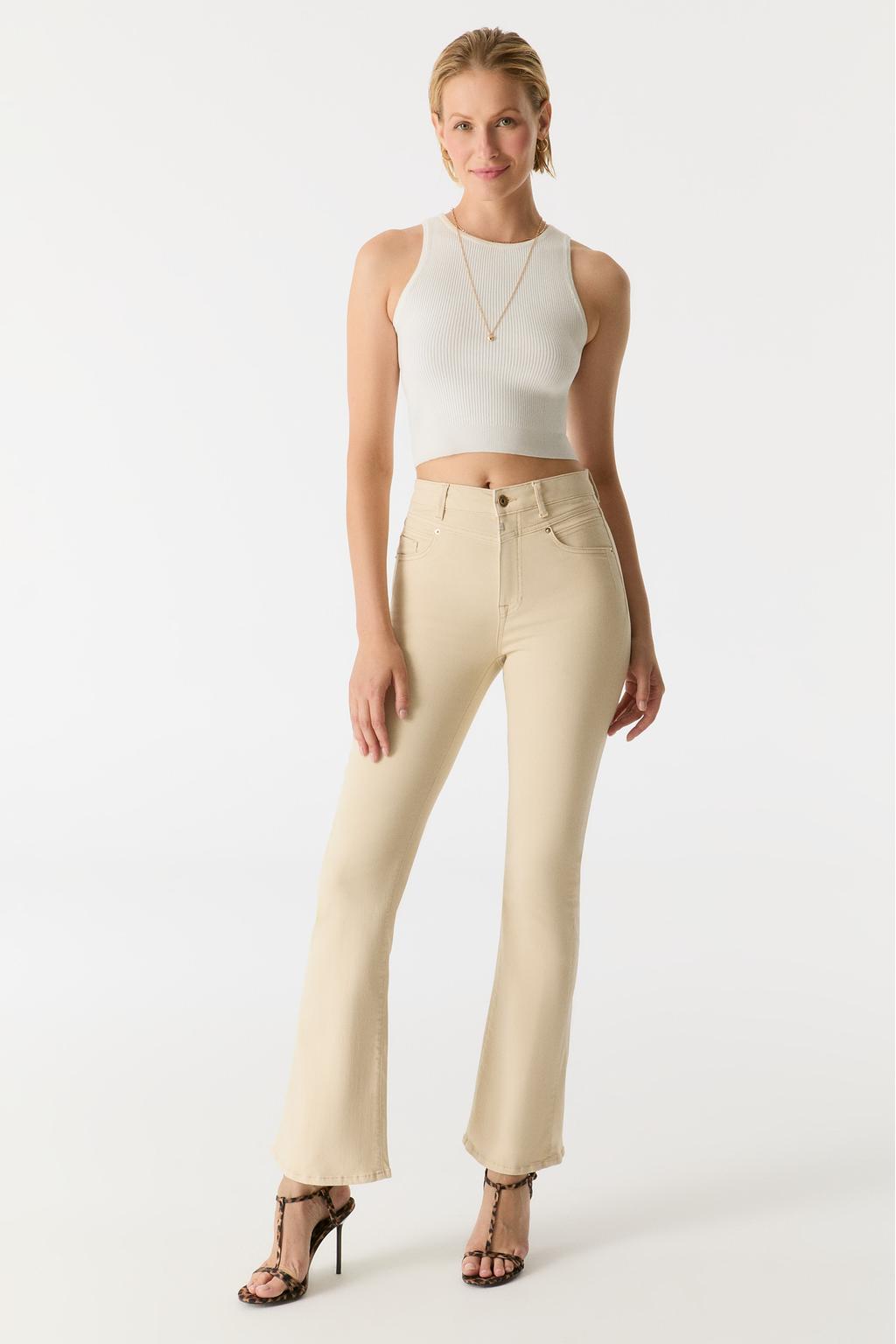Ecru dames Cup of Joe Denim high waist flared jeans met rits- en knoopsluiting en effen