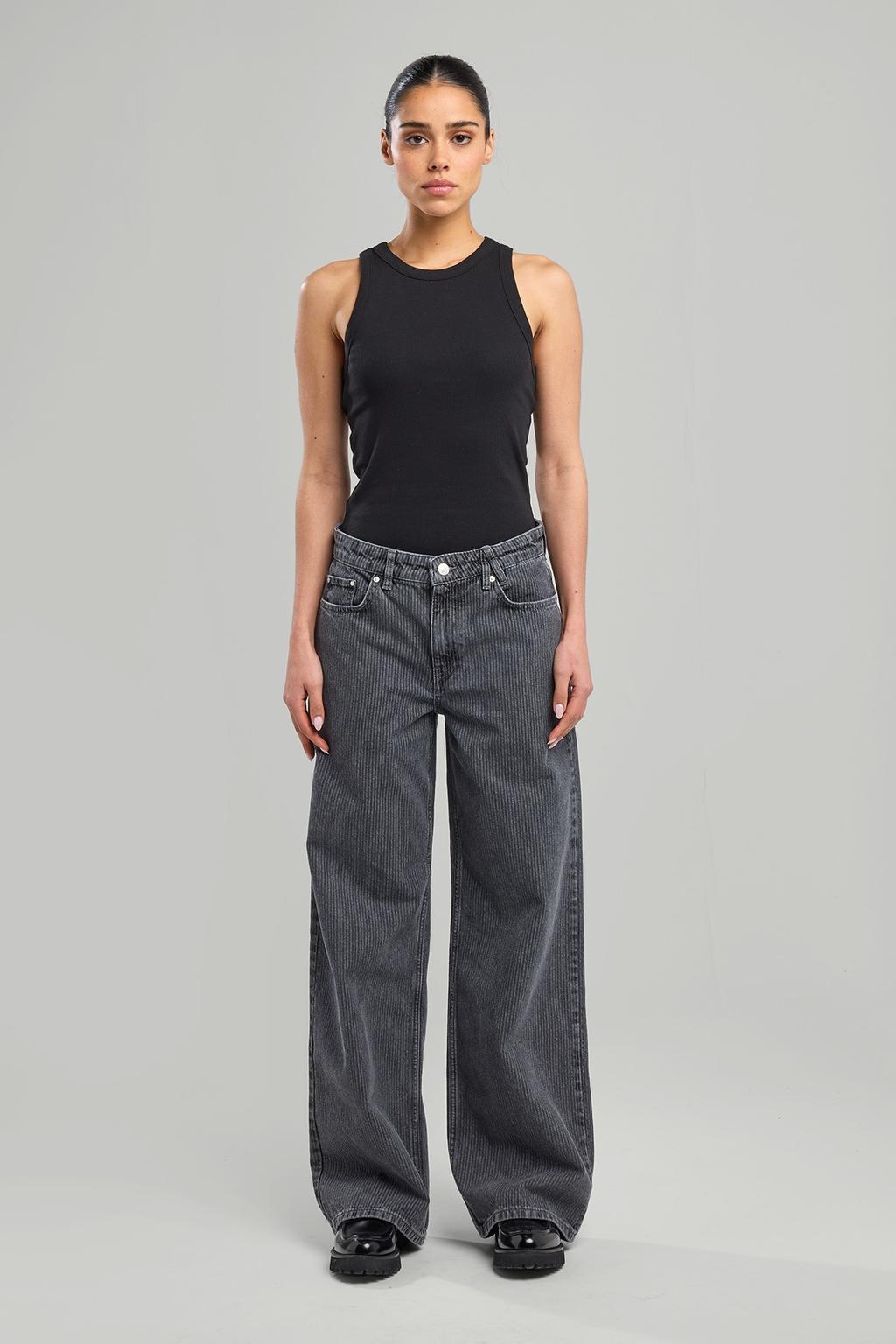 Grey denim dames America Today high waist wide leg jeans van katoen met knoopsluiting en strepenprint