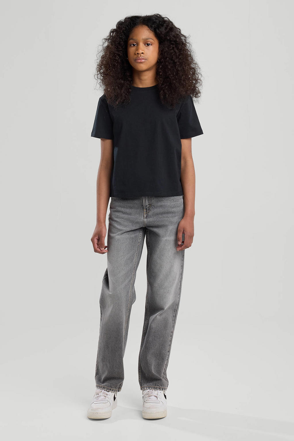 Grey denim meisjes America Today straight leg jeans high waist van denim met rits- en knoopsluiting en effen