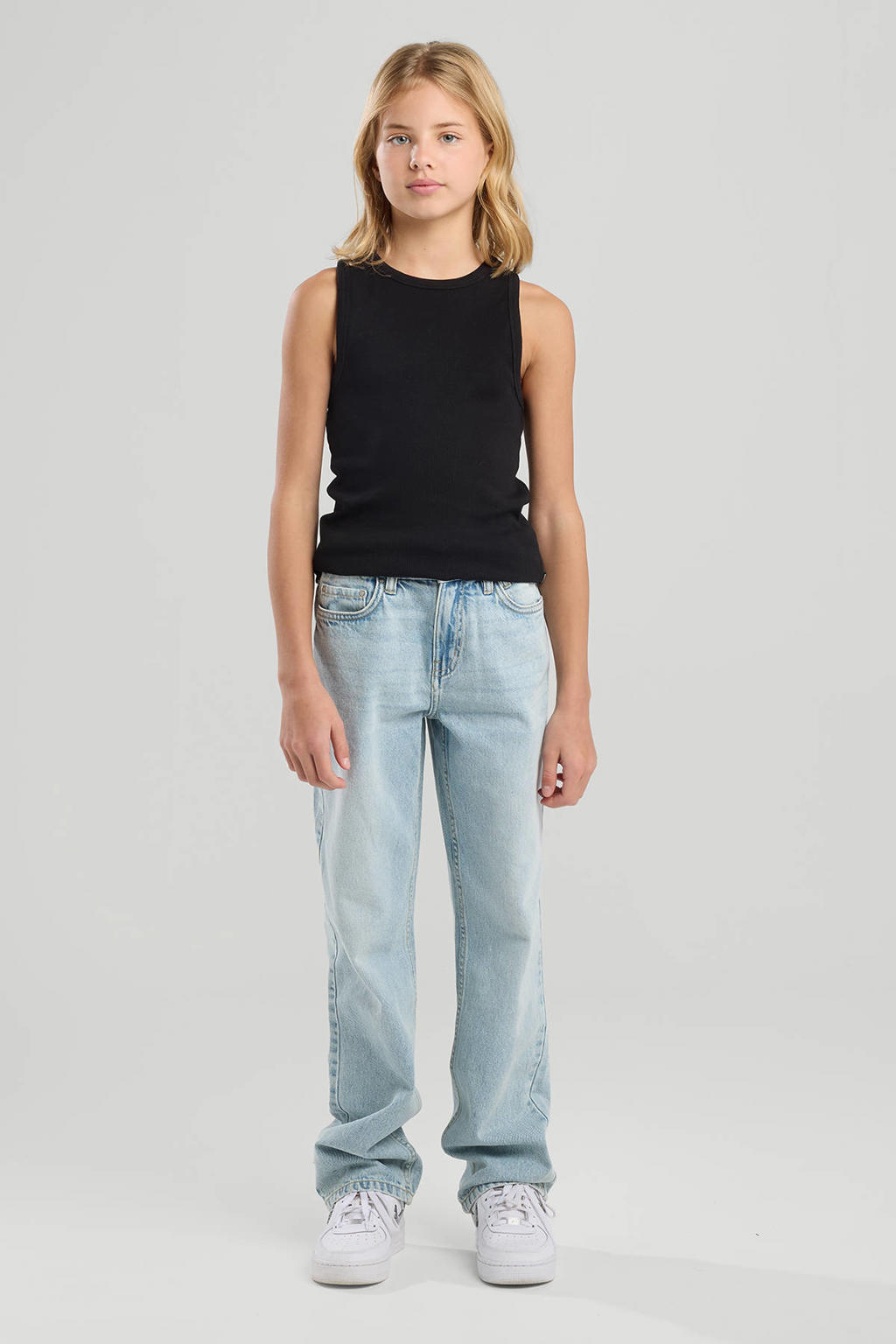 Light blue denim meisjes America Today straight leg jeans high waist van denim met rits- en knoopsluiting en effen