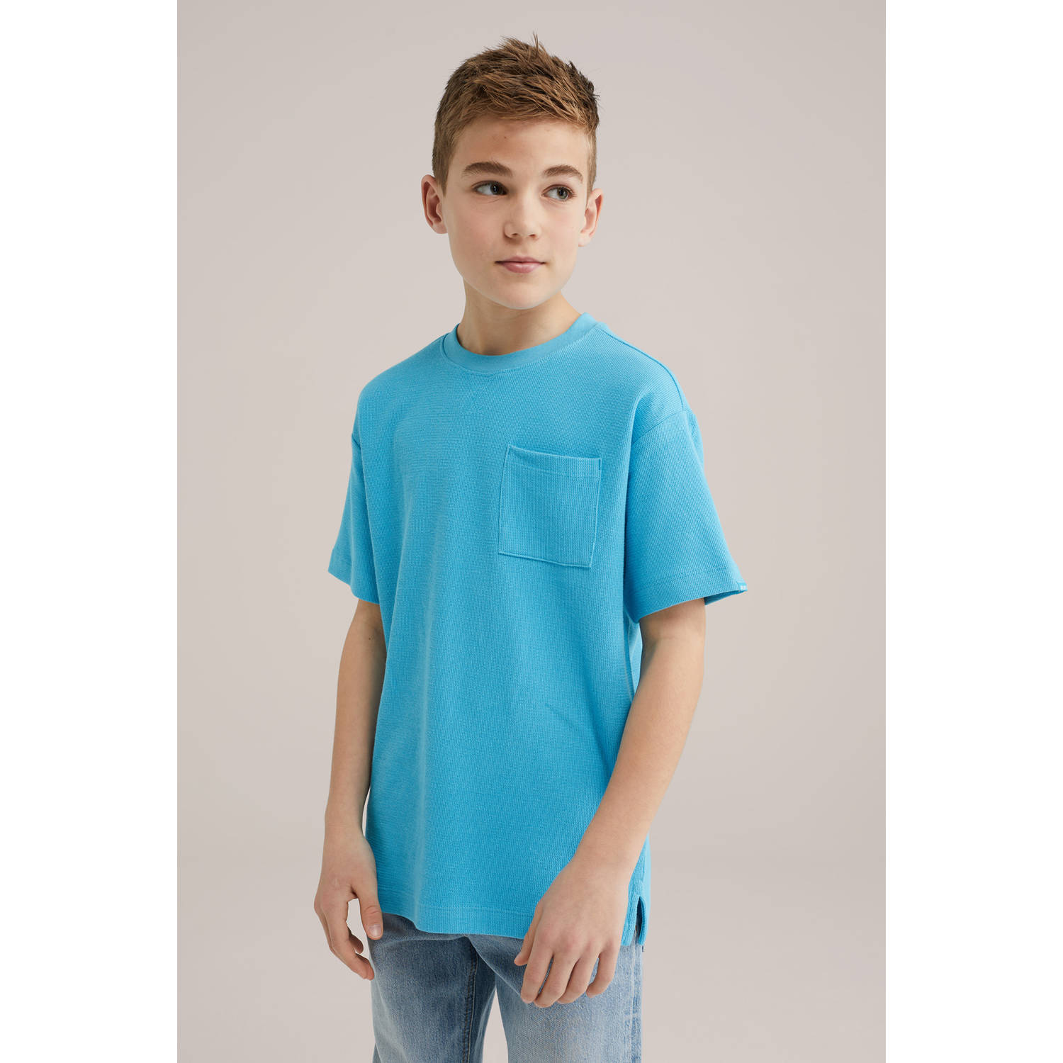 WE Fashion Blue Ridge T-shirt lichtblauw fijn gebreid