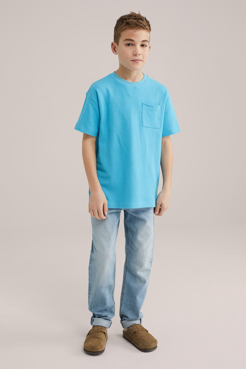 Lichtblauwe jongens WE Fashion Blue Ridge T-shirt fijn gebreid van katoen met effen, korte mouwen en ronde hals