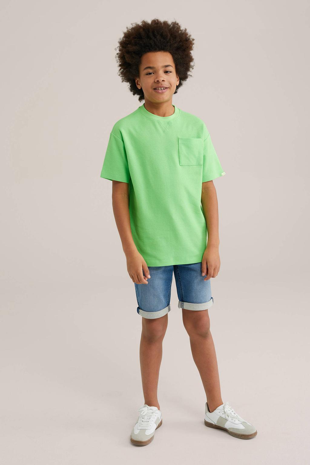 Lichtgroene jongens WE Fashion Blue Ridge T-shirt fijn gebreid van katoen met effen, korte mouwen en ronde hals