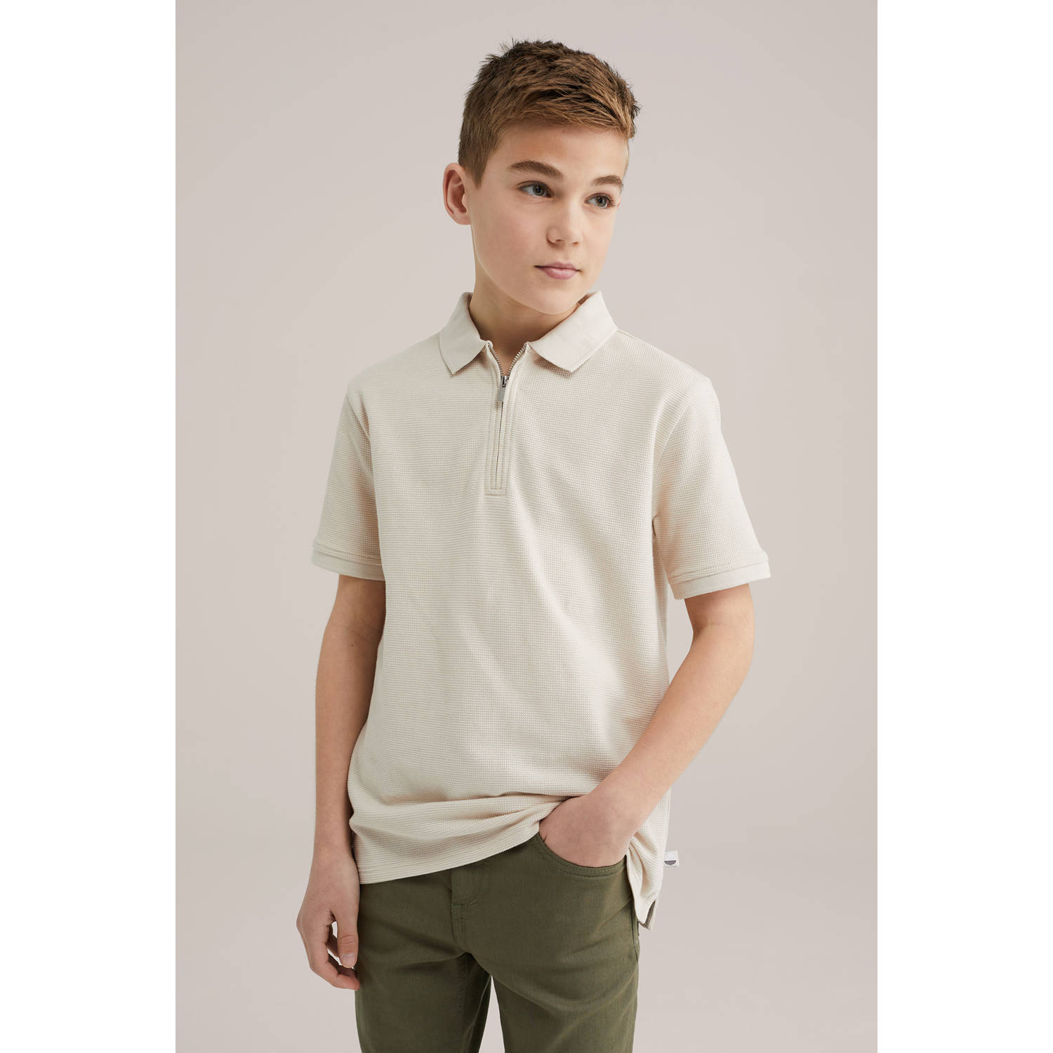WE Fashion polo beige rib gebreid