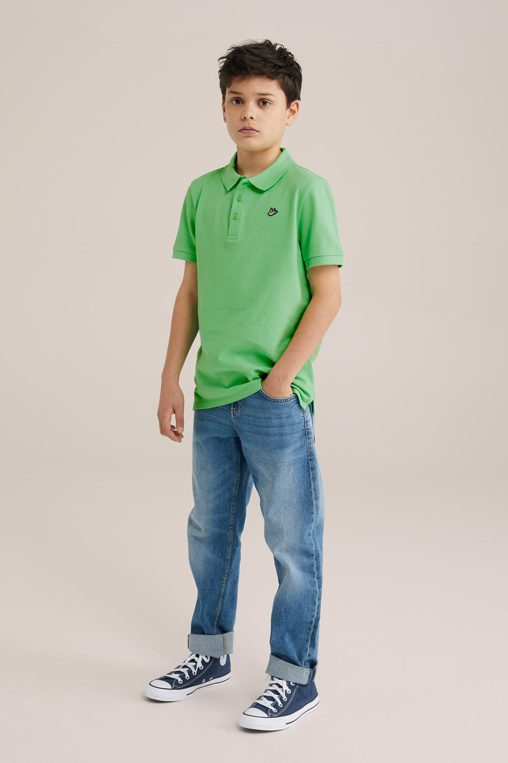 Groene jongens WE Fashion polo van katoen met effen, korte mouwen en knoopsluiting
