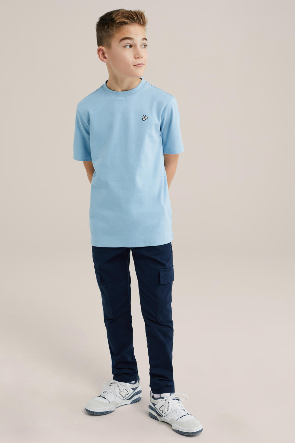 Lichtblauwe jongens WE Fashion Blue Ridge T-shirt van katoen met effen, korte mouwen en ronde hals