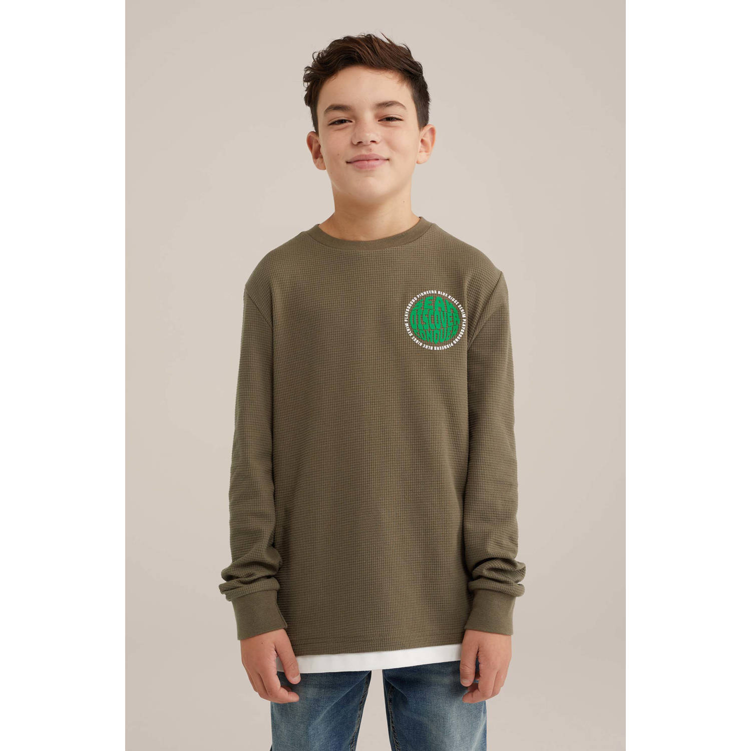 WE Fashion Blue Ridge longsleeve mosgroen groen wit