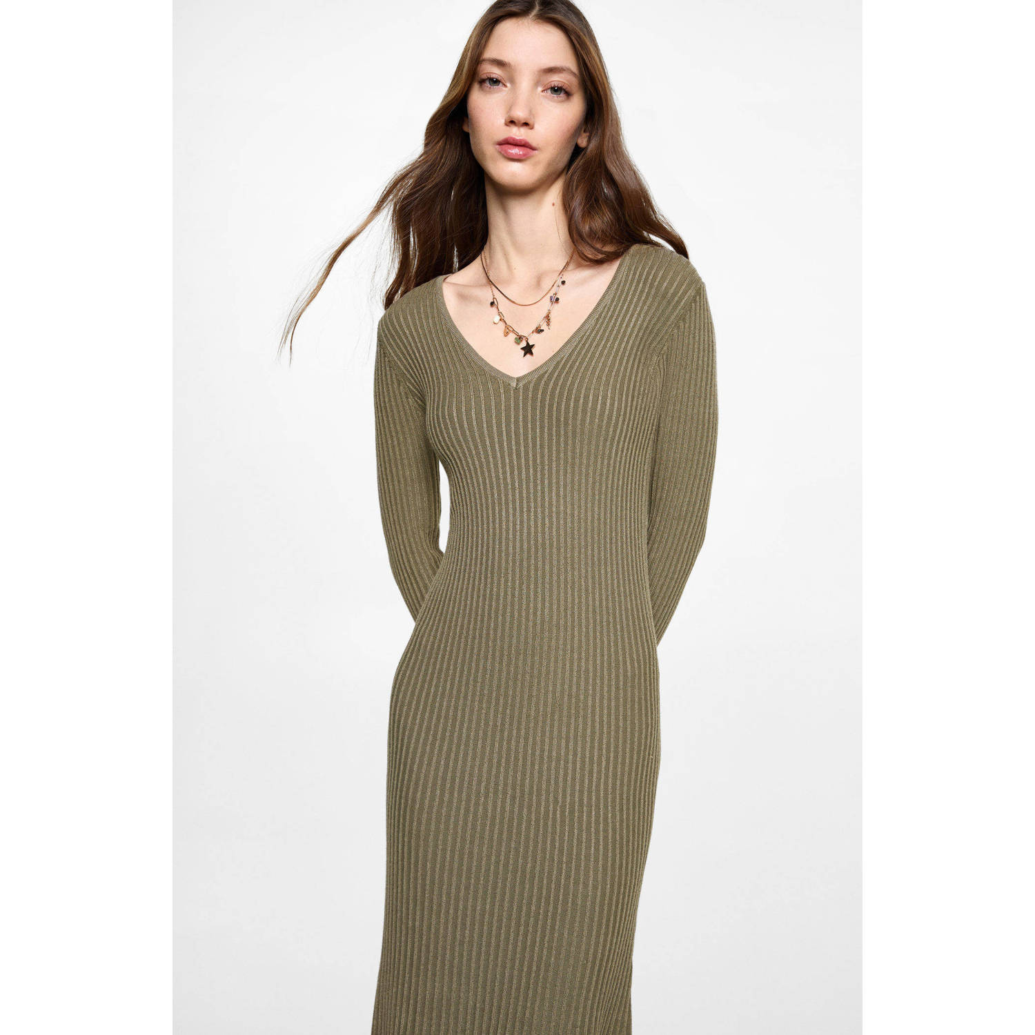 MANGO TEEN maxi jurk rib gebreid kaki