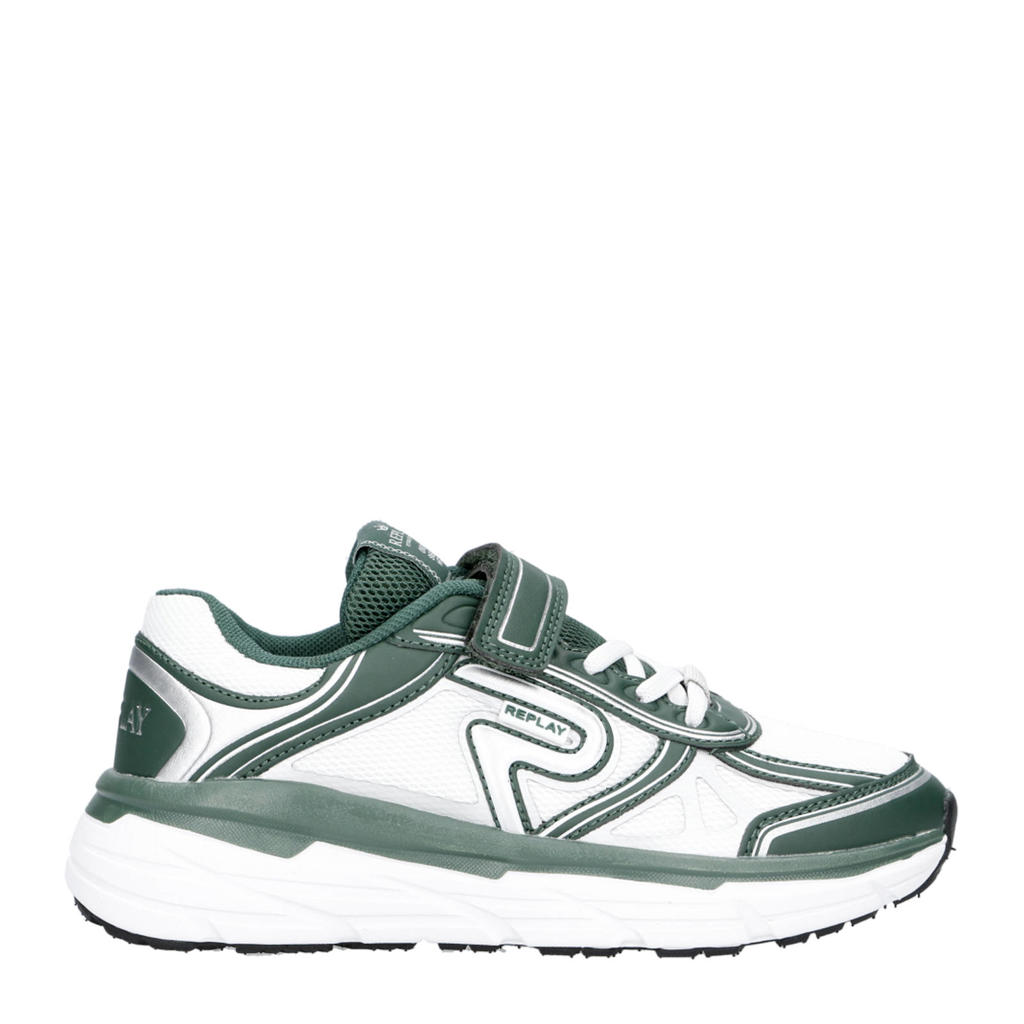 Wit en groene jongens REPLAY Christal jr 1 sneakers van 65% polyester/35% pu met veter- met klittenbandsluiting