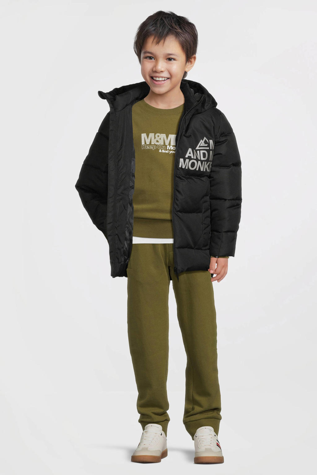 Zwarte jongens Me & My Monkey hooded puffer jas van polyester met lange mouwen, capuchon en rits- en drukknoopsluiting