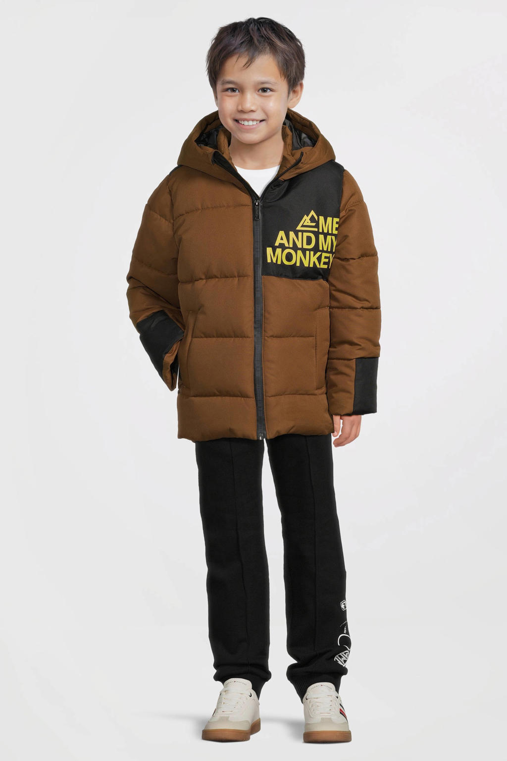 Bruine jongens Me & My Monkey hooded puffer jas van polyester met lange mouwen, capuchon en rits- en drukknoopsluiting