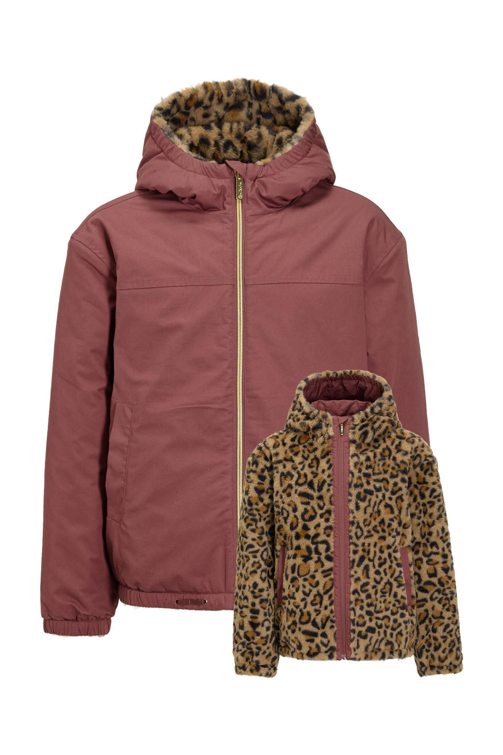 Roze meisjes Me & My Monkey reversible puffer jas van polyester met dierenprint, lange mouwen, capuchon en ritssluiting