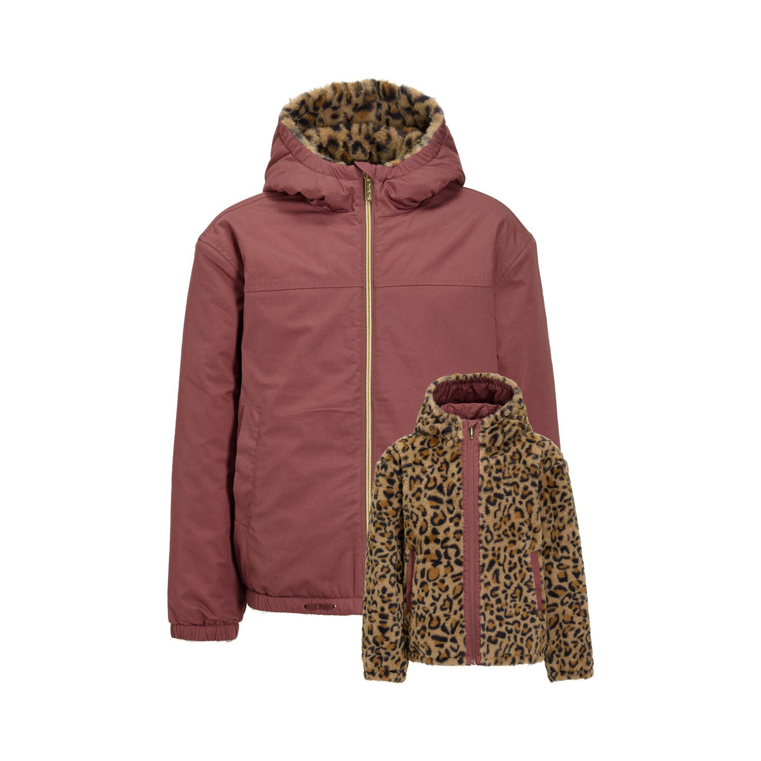Me & My Monkey reversible puffer jas roze panterprint