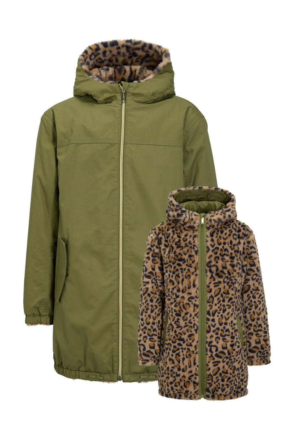 Groene meisjes Me & My Monkey reversible lange jas van polyester met lange mouwen, capuchon en ritssluiting