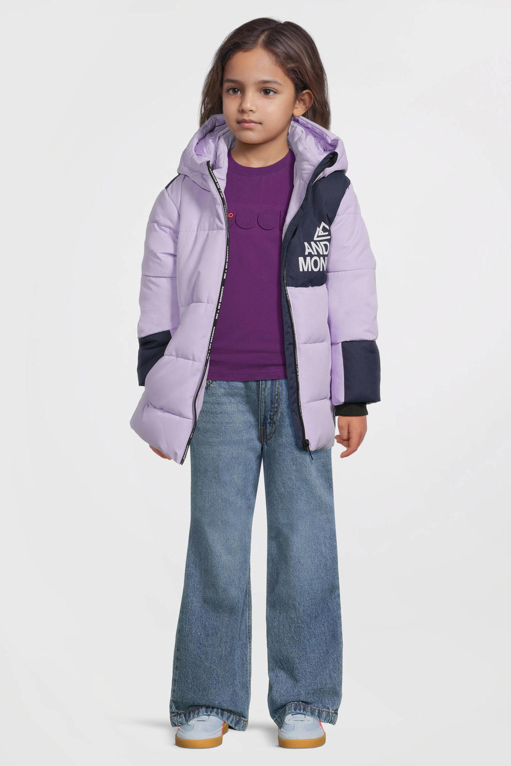 Paarse meisjes Me & My Monkey colourblock puffer jas van polyester met lange mouwen, capuchon en ritssluiting