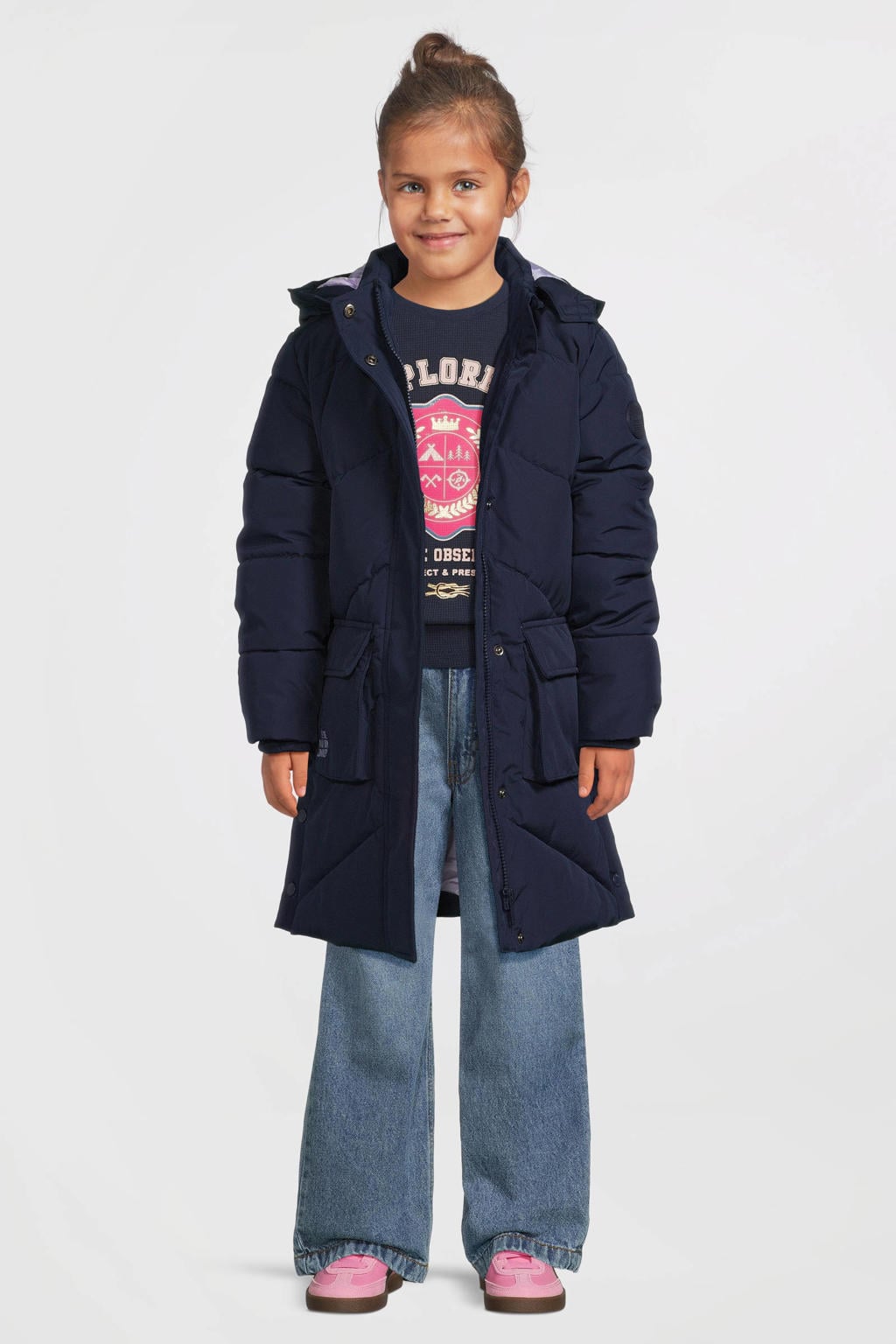 Paarse meisjes Me & My Monkey lange hooded puffer jas van polyester met lange mouwen, capuchon en rits- en drukknoopsluiting