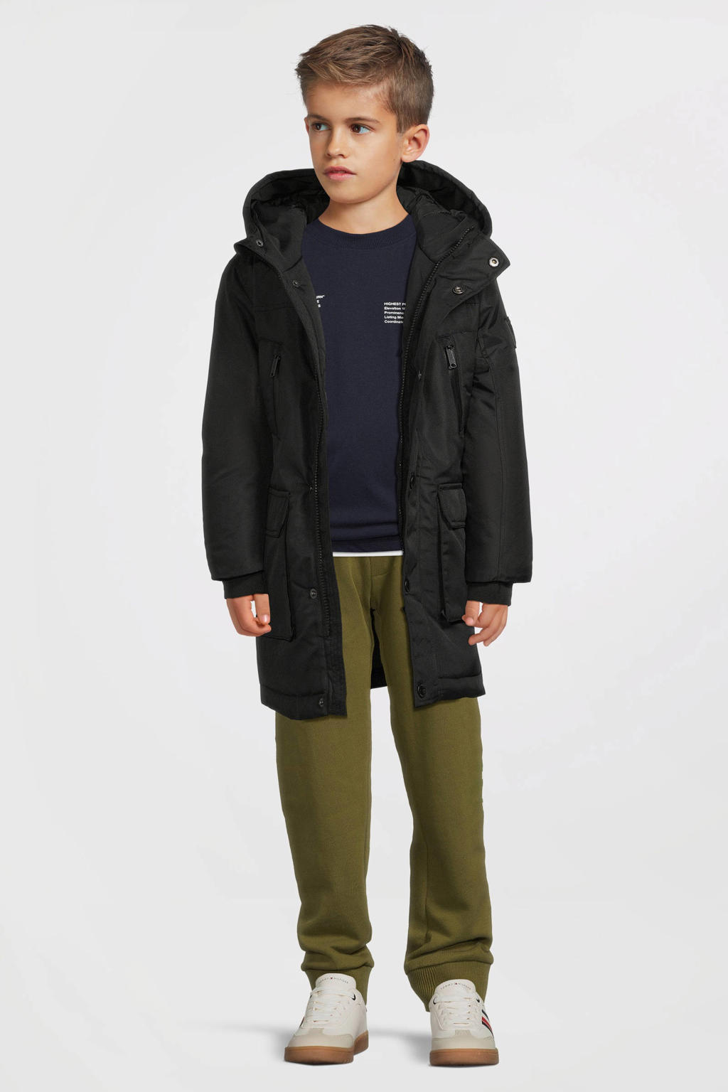 Zwarte jongens Me & My Monkey gewatteerde jas van polyester met lange mouwen, capuchon en rits- en drukknoopsluiting