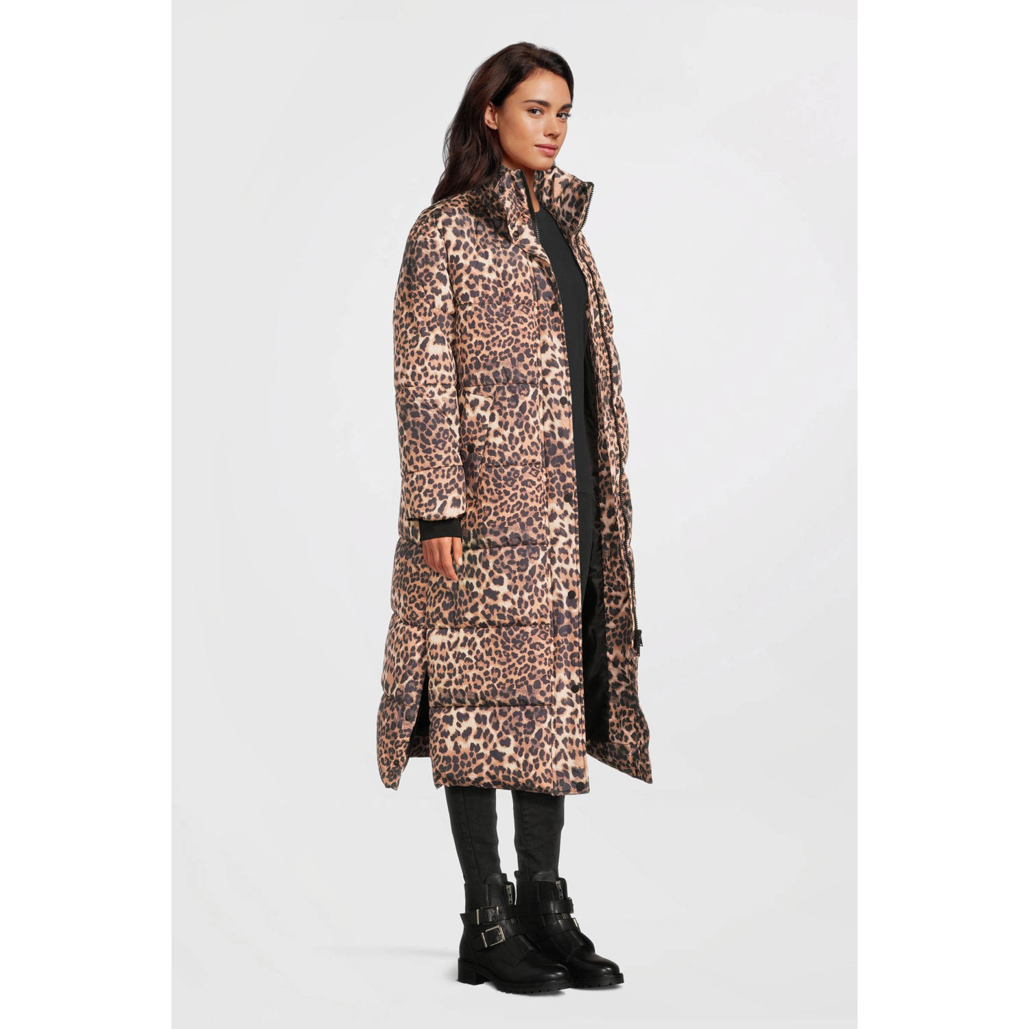 anytime lange watteerde jas leopard print