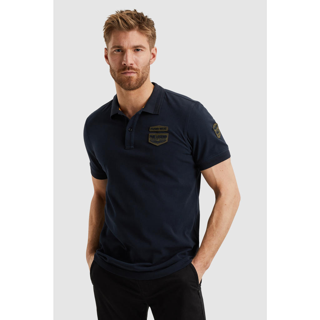 Donkerblauwe heren PME Legend regular polo van katoen met effen, korte mouwen, klassieke kraag en 3D applicatie