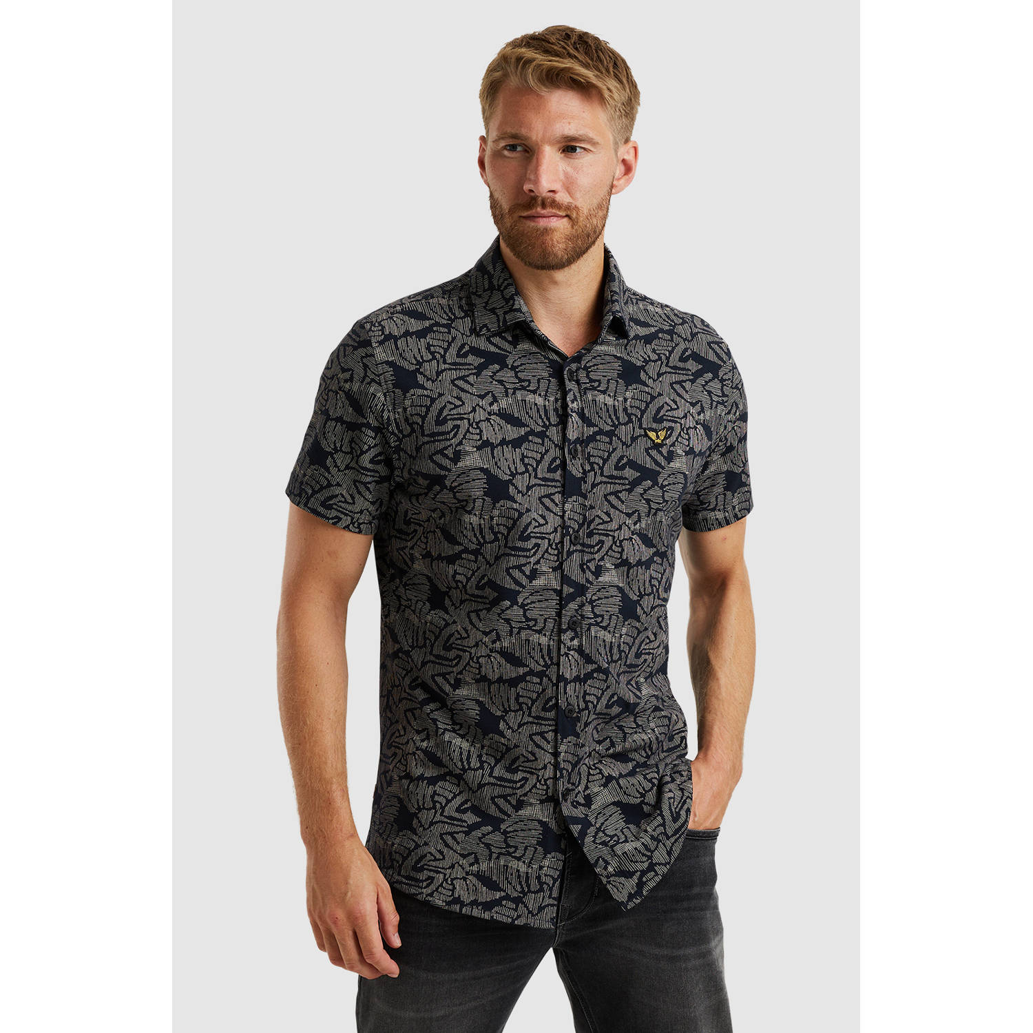 PME Legend Kort overhemd Print op Jersey Blue Heren