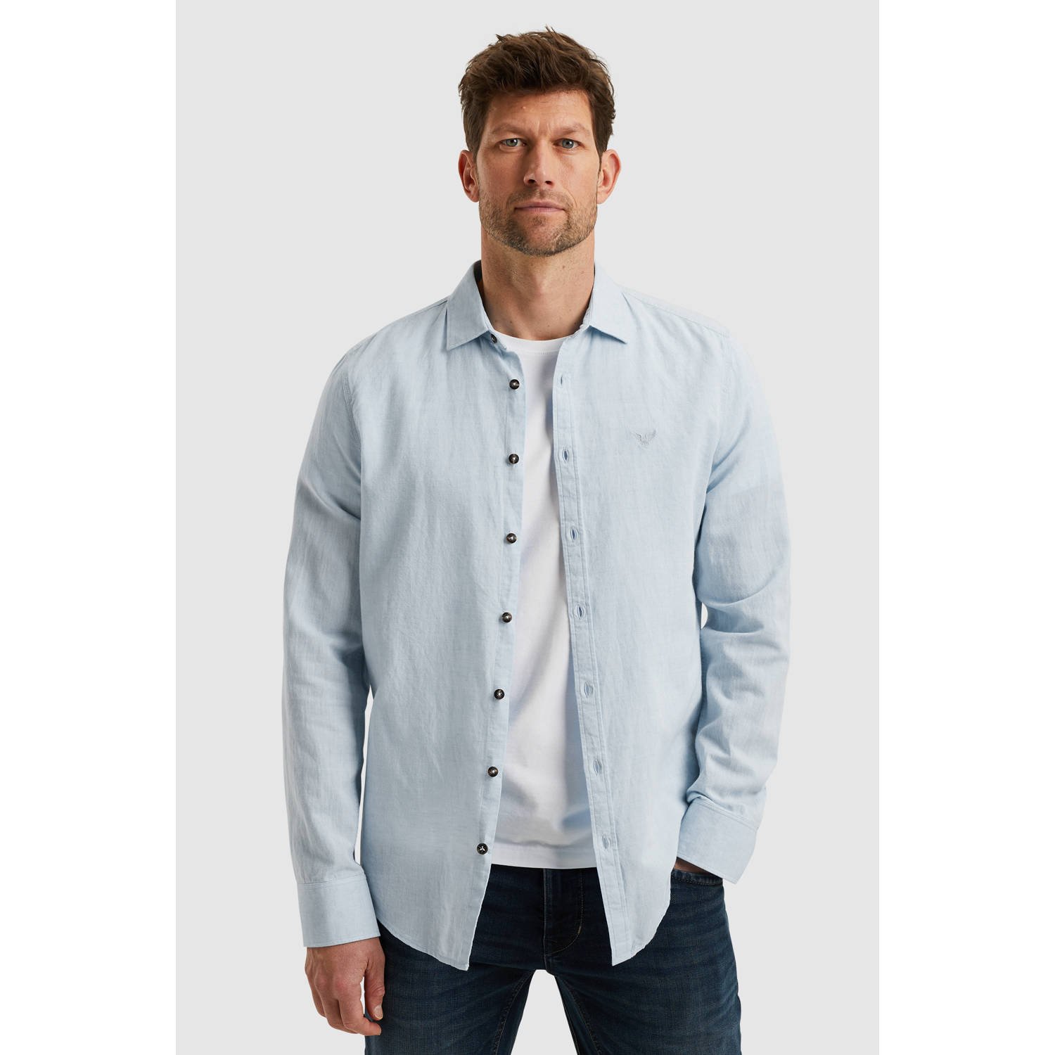 PME LEGEND Heren Overhemden Long Sleeve Shirt Cotton Linen 2 Tone Blauw