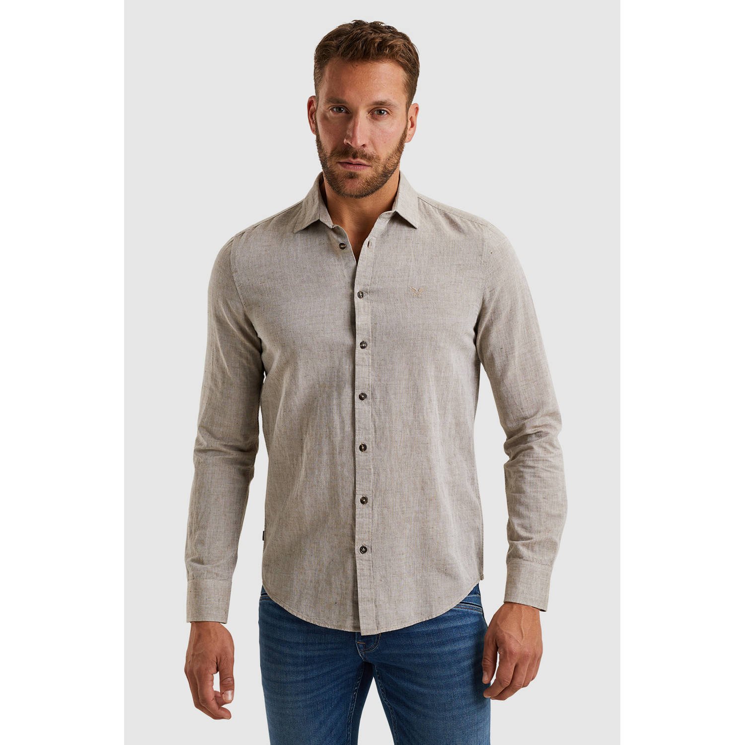 PME LEGEND Heren Overhemden Long Sleeve Shirt Cotton Linen 2 Tone Zand