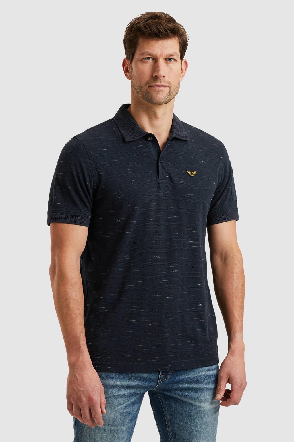 Donkerblauwe heren PME Legend regular polo gebreid van katoen met melée print, korte mouwen en pique