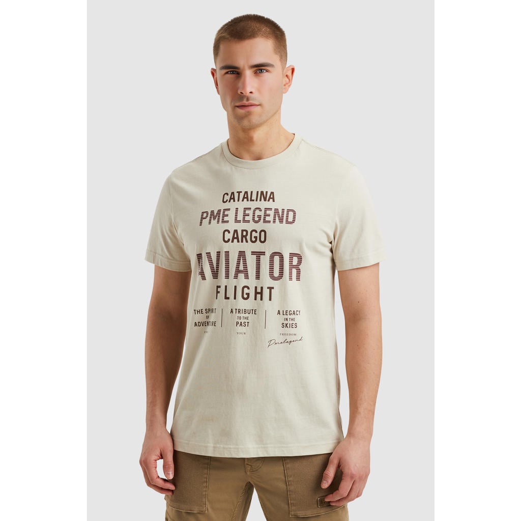 Ecru heren PME Legend T-shirt van katoen met printopdruk, korte mouwen en ronde hals