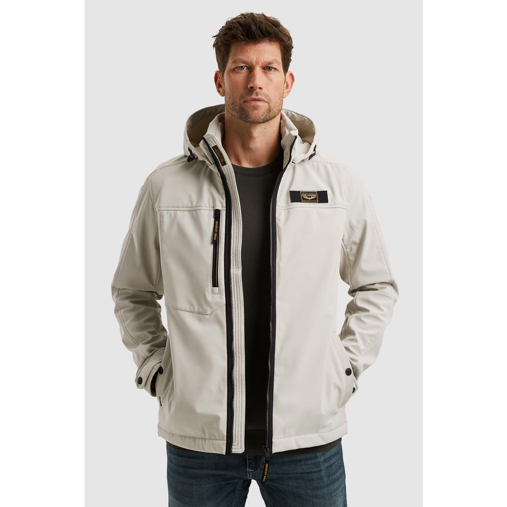 Ecru heren PME Legend softshell jas van polyester met effen, lange mouwen, capuchon en rits met windvanger