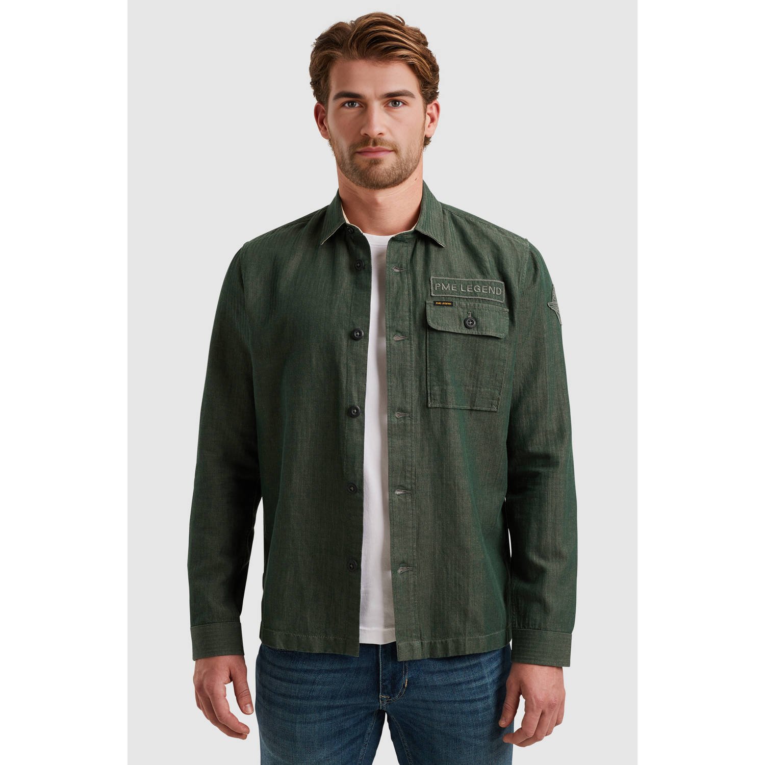 PME Legend Lange mouw shirt katoen linnen Green Heren