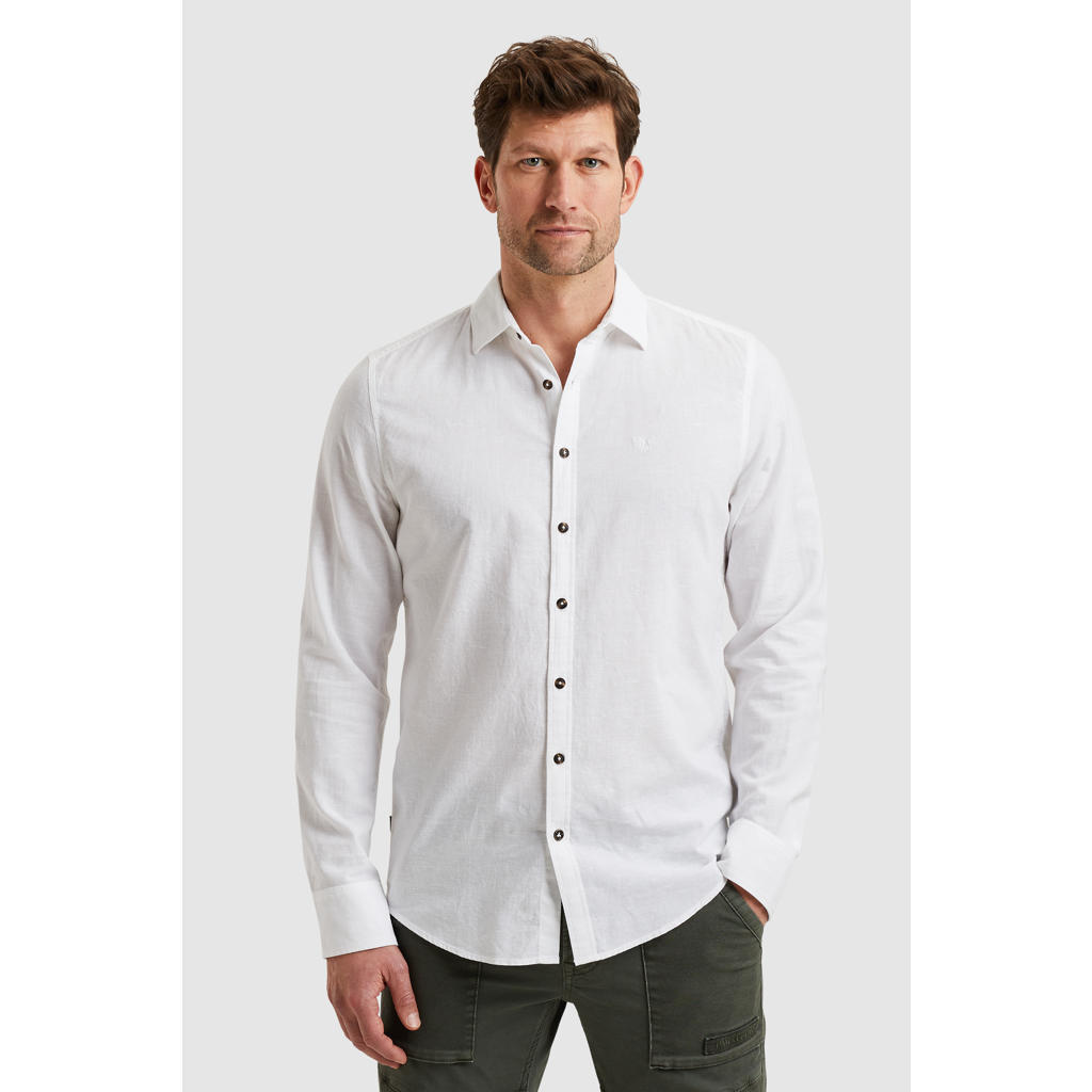 Witte heren PME Legend linnen casual overhemd met effen, lange mouwen, klassieke kraag en knoopsluiting