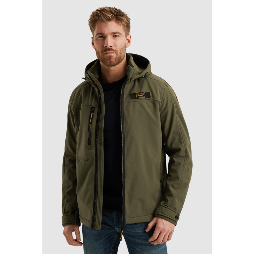 Donkergroene heren PME Legend softshell jas van polyester met effen, lange mouwen, capuchon en rits met windvanger