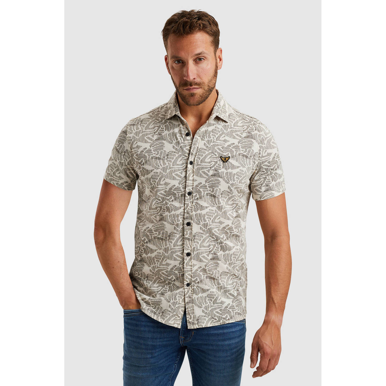 PME Legend Kort overhemd print op jersey Beige Heren