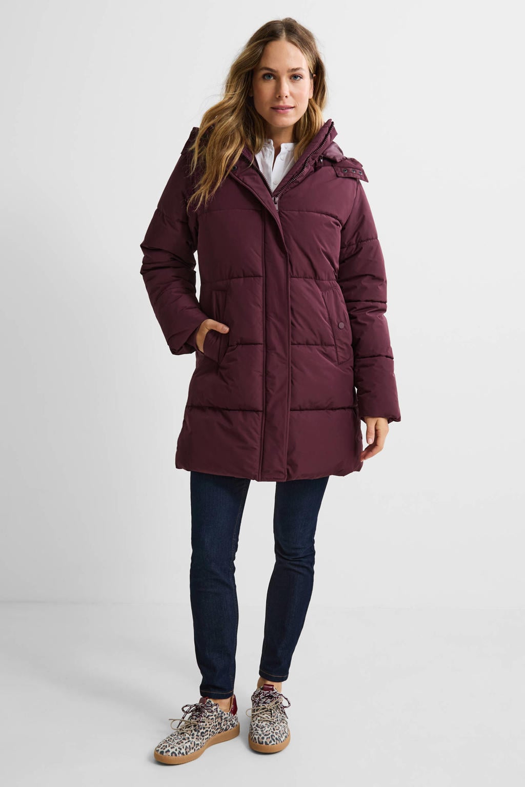 Donkerpaarse dames Anytime gewatteerde jas van polyester met effen, lange mouwen en capuchon