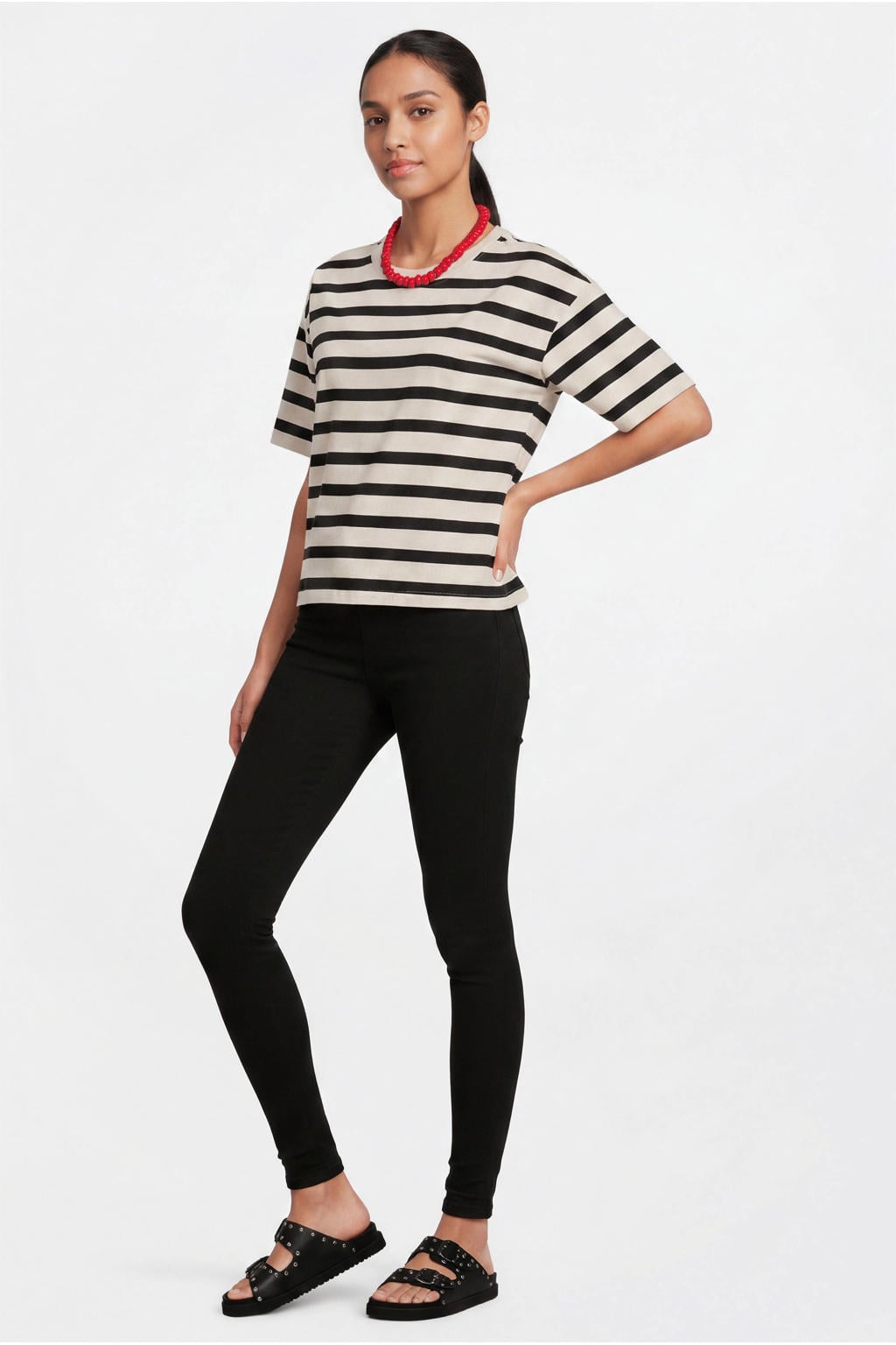Zwarte dames Anytime skinny jeans van stretchdenim met high waist, rits- en knoopsluiting en effen