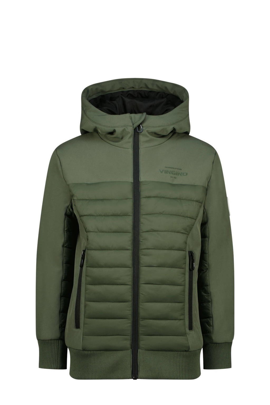 Groene jongens Vingino tussenjas van polyester met effen, lange mouwen, capuchon, ritssluiting en doorgestikte details