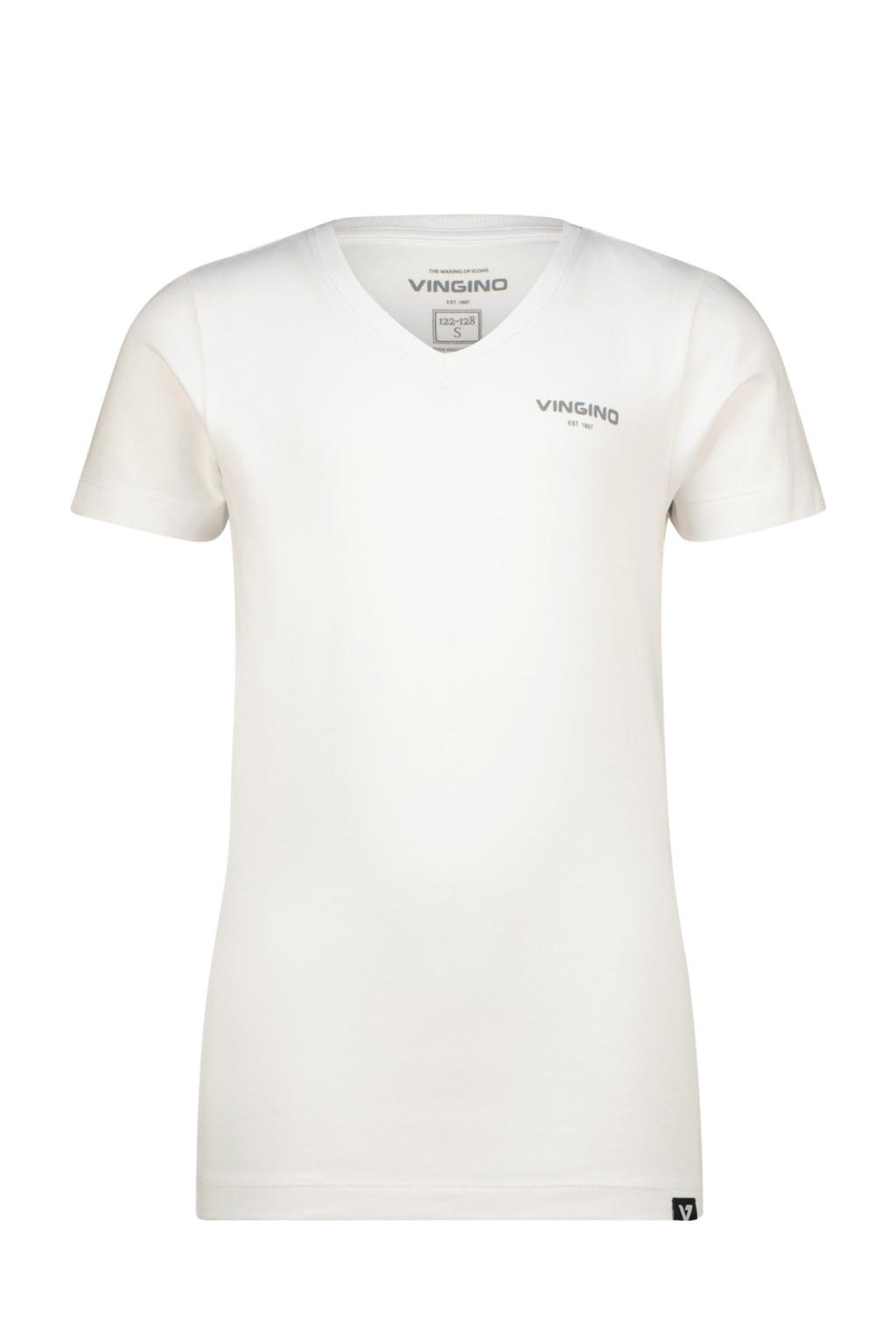 Witte jongens Vingino T-shirt van stretchkatoen met effen, korte mouwen en V-hals