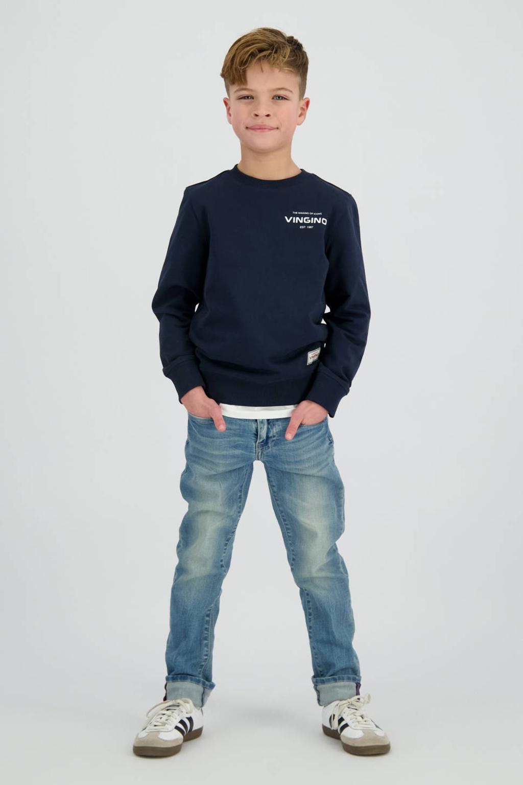 Donkerblauwe jongens Vingino sweater met effen, lange mouwen, ronde hals en geribde boorden