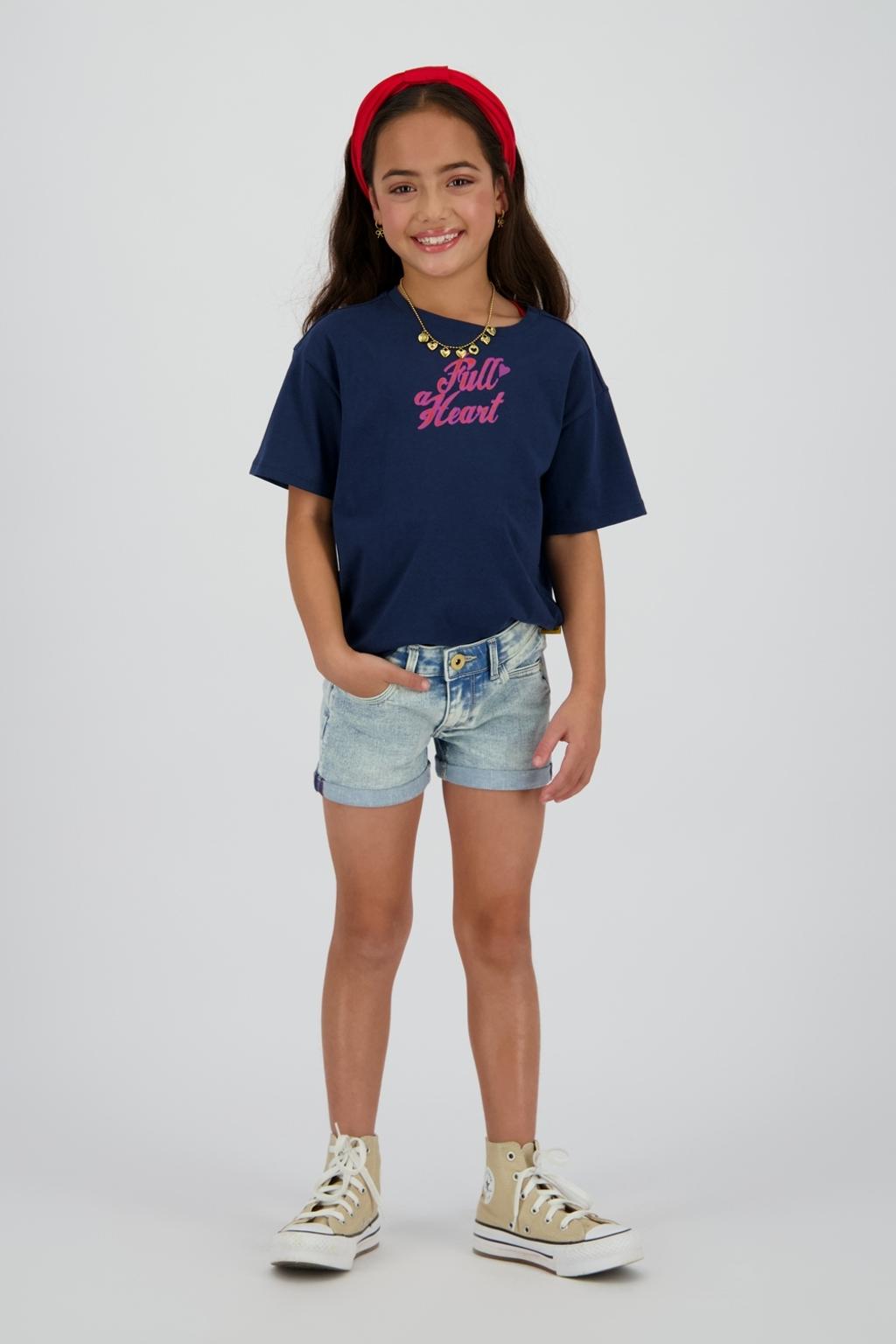 Light blue denim meisjes Vingino regular short van denim met rits- en knoopsluiting en effen