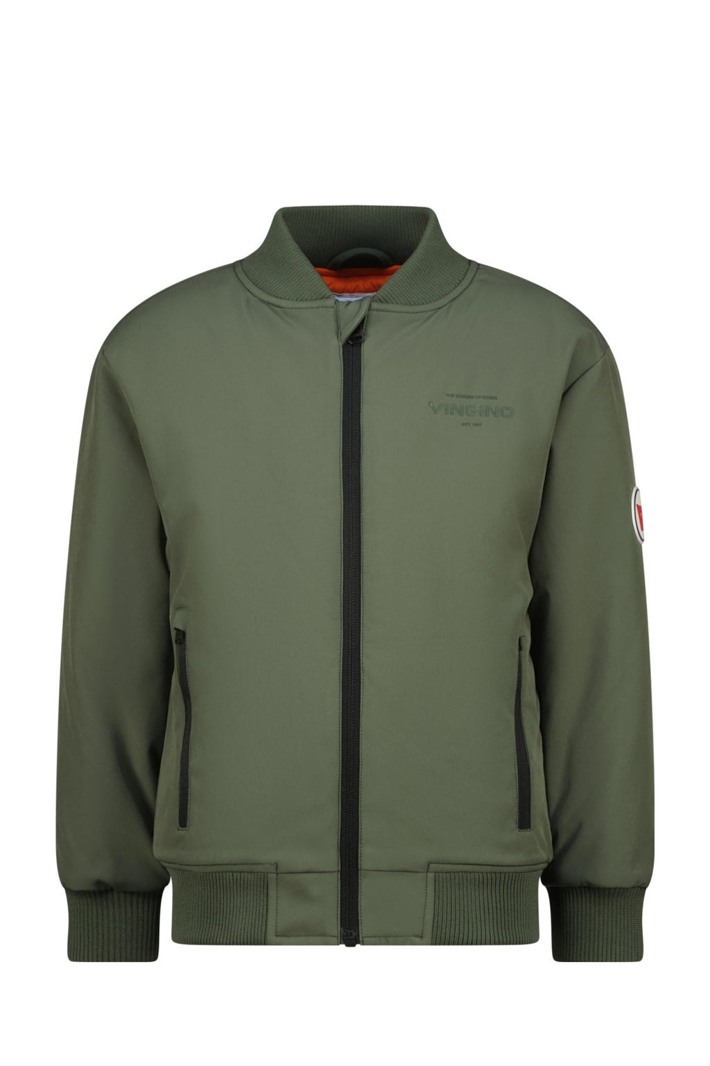 Groene jongens Vingino bomberjack van polyester met effen, lange mouwen, opstaande kraag, ritssluiting en geribde boorden